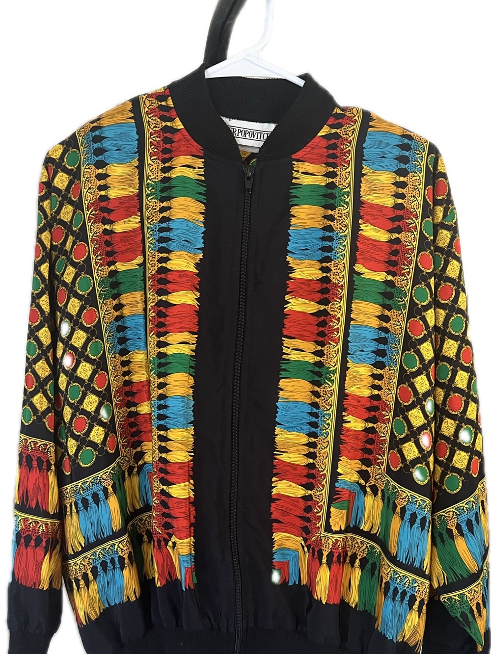 Vintage 80s Peter Popovich Arty Satin  Jacket with Multicolor Tassel/geo Print